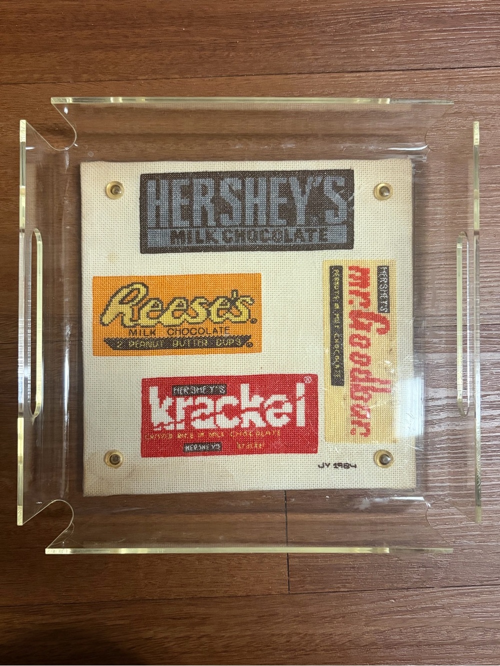 Vintage Handmade 1984 Hershey’s Candy Needlepoint in Acrylic Lucite Serving Tray